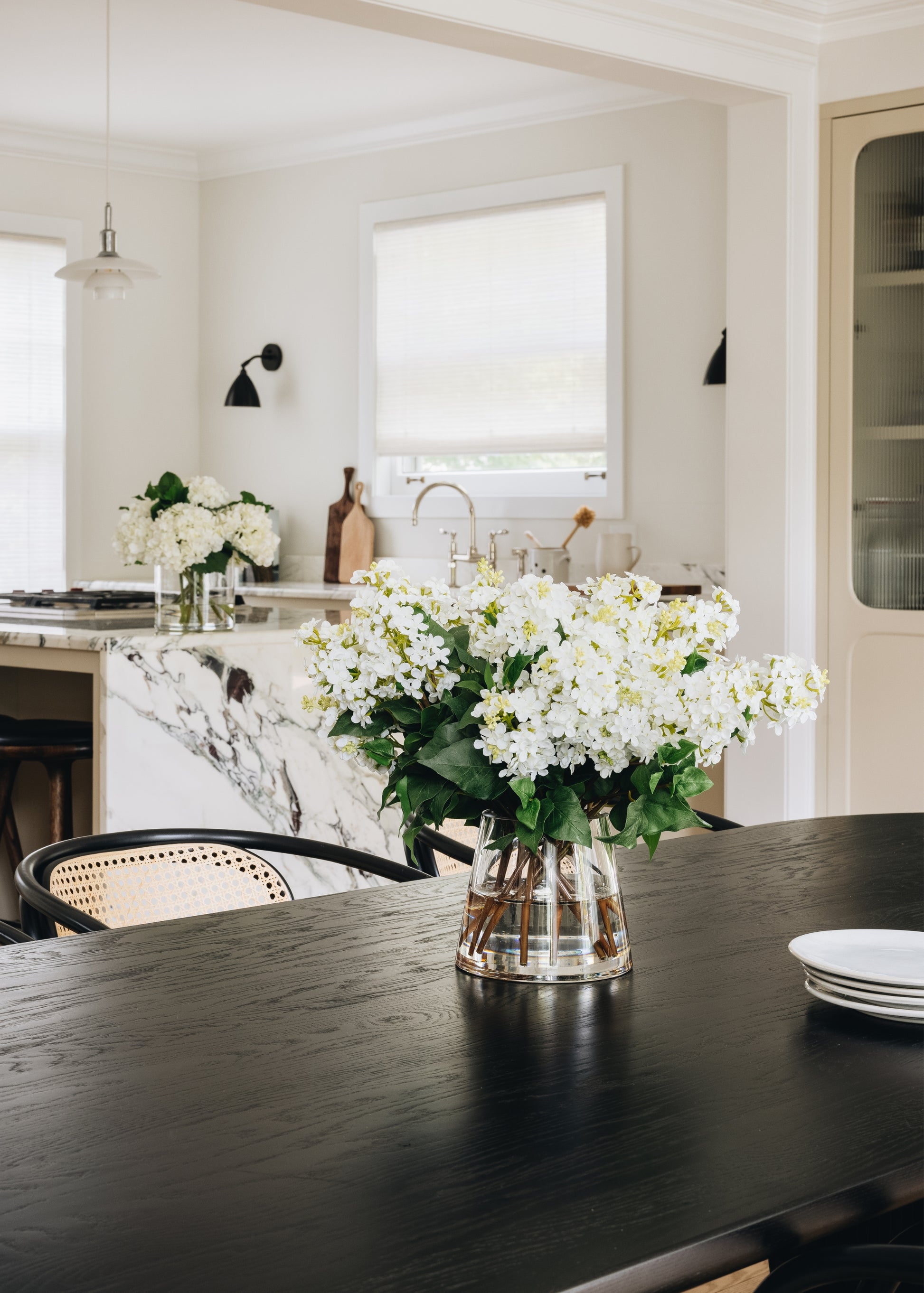 Video of White Faux Lilac Arrangement in Glass Vase