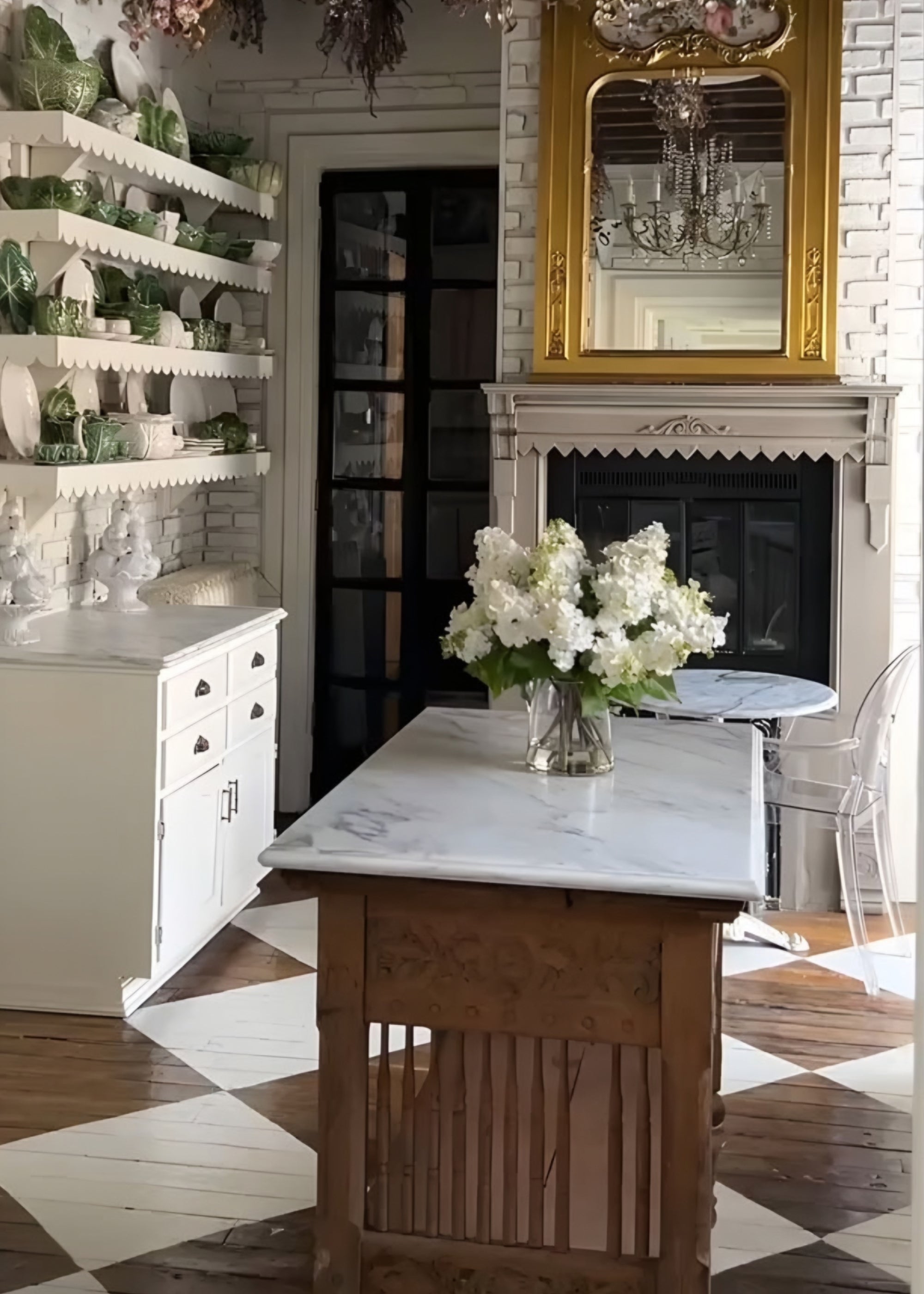artificial lilac arrangement in a kitchen
