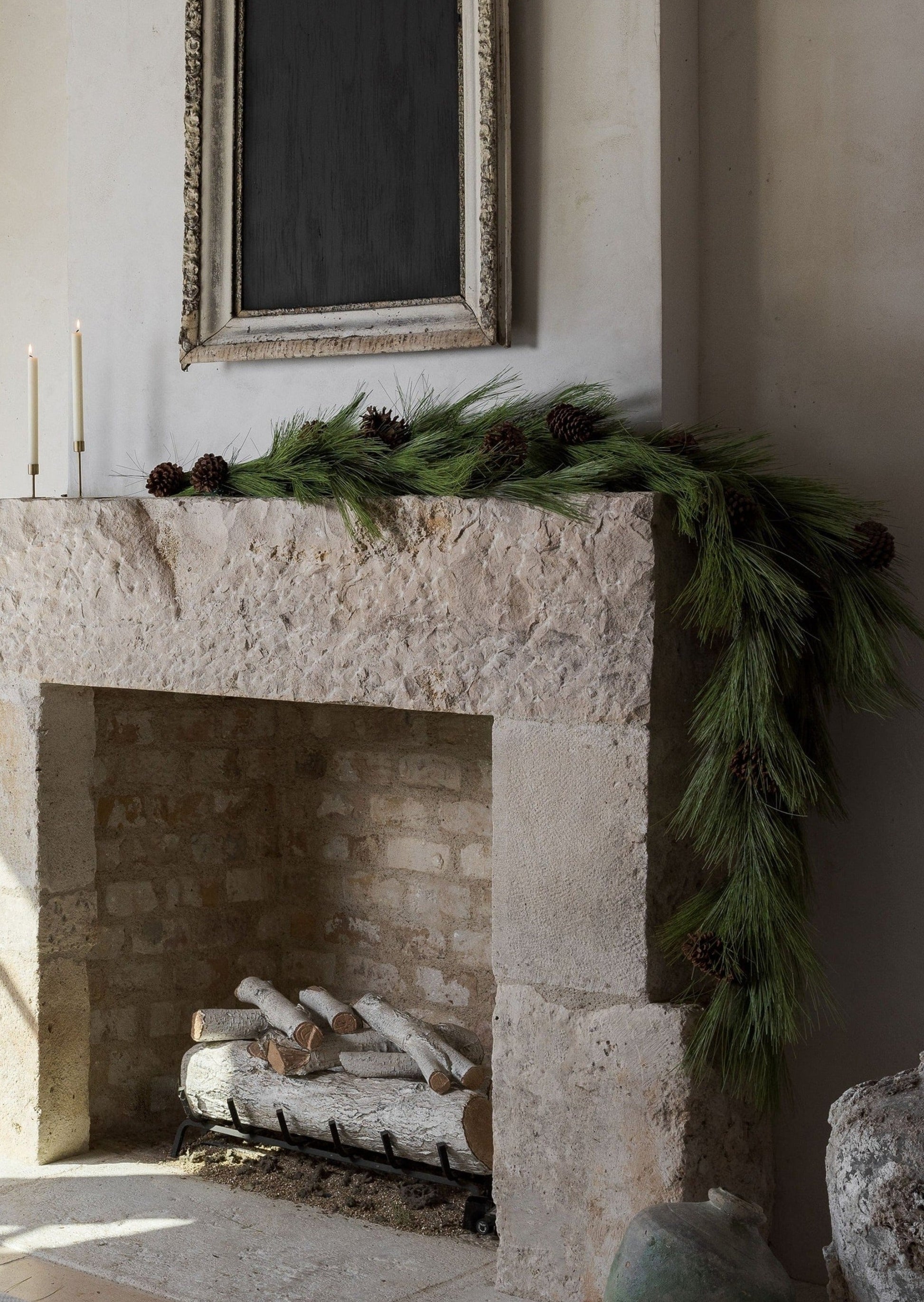 Afloral Deluxe Full Faux Pine and Cone Garland on Mantel