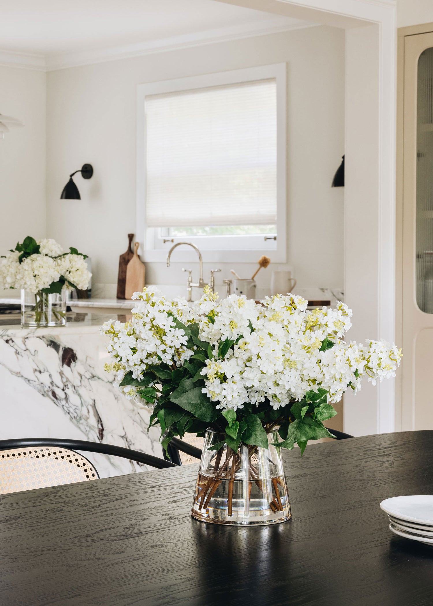 Video of White Faux Lilac Arrangement in Glass Vase