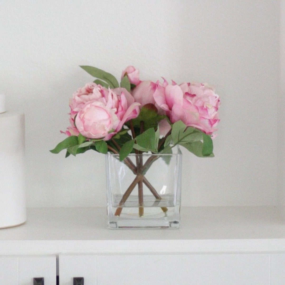 Small Pink Faux Peony Arrangement in Glass Vase - 9" | Afloral