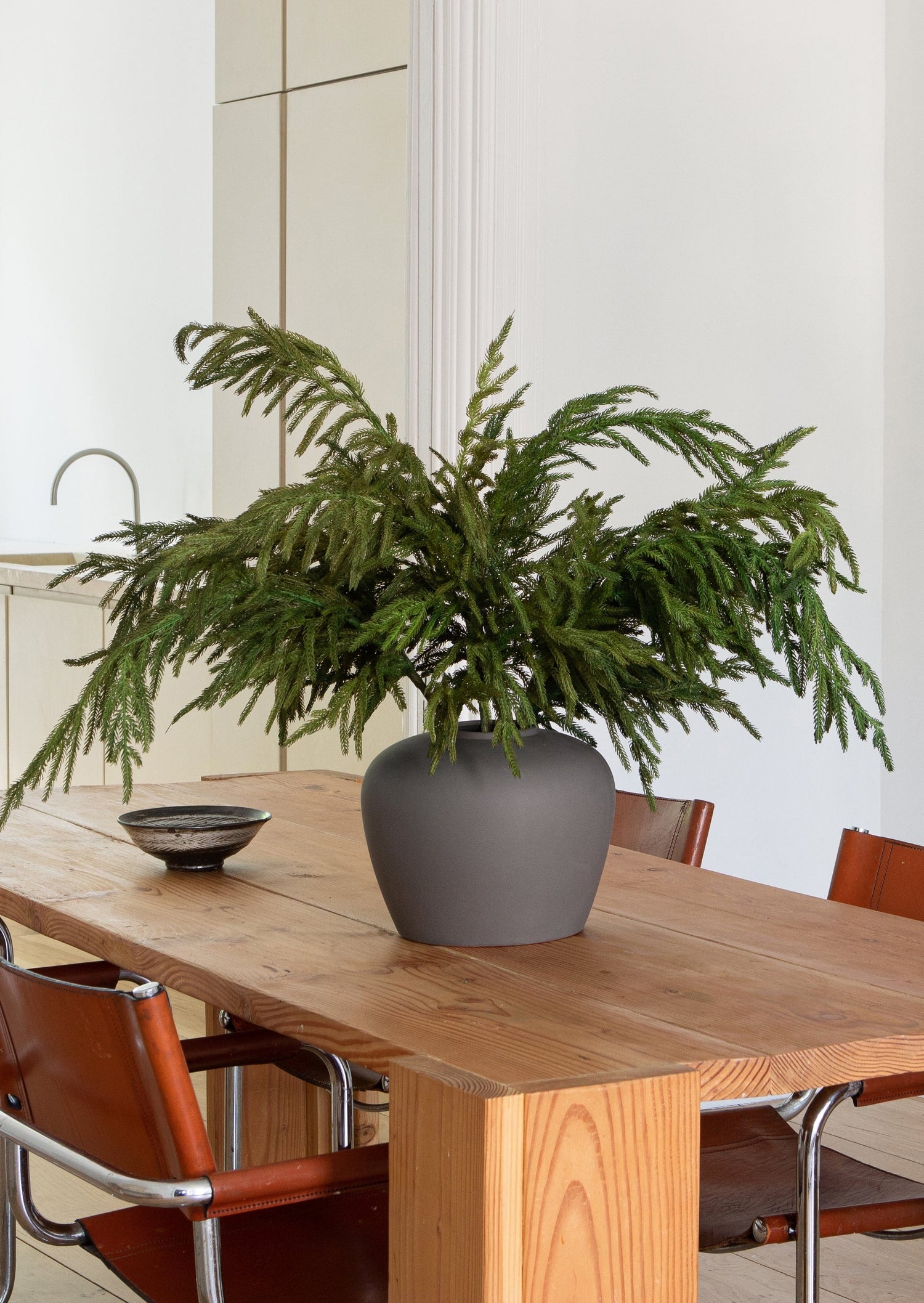 Afloral Real Touch Norfolk Pine Branches in Slate Clay Table Vase