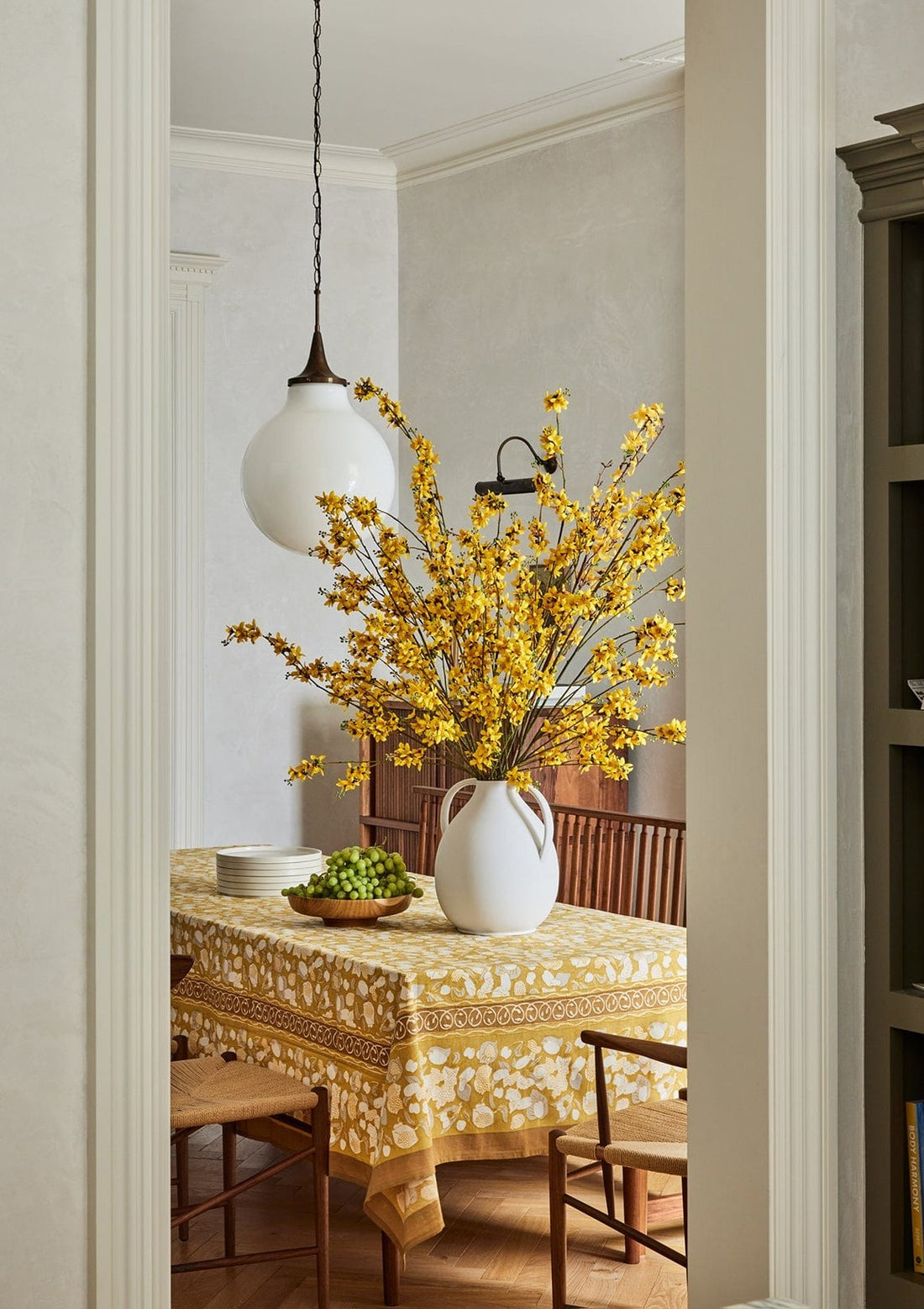 Afloral Dining Room Tablescape Styled with Mustard Tablecloth