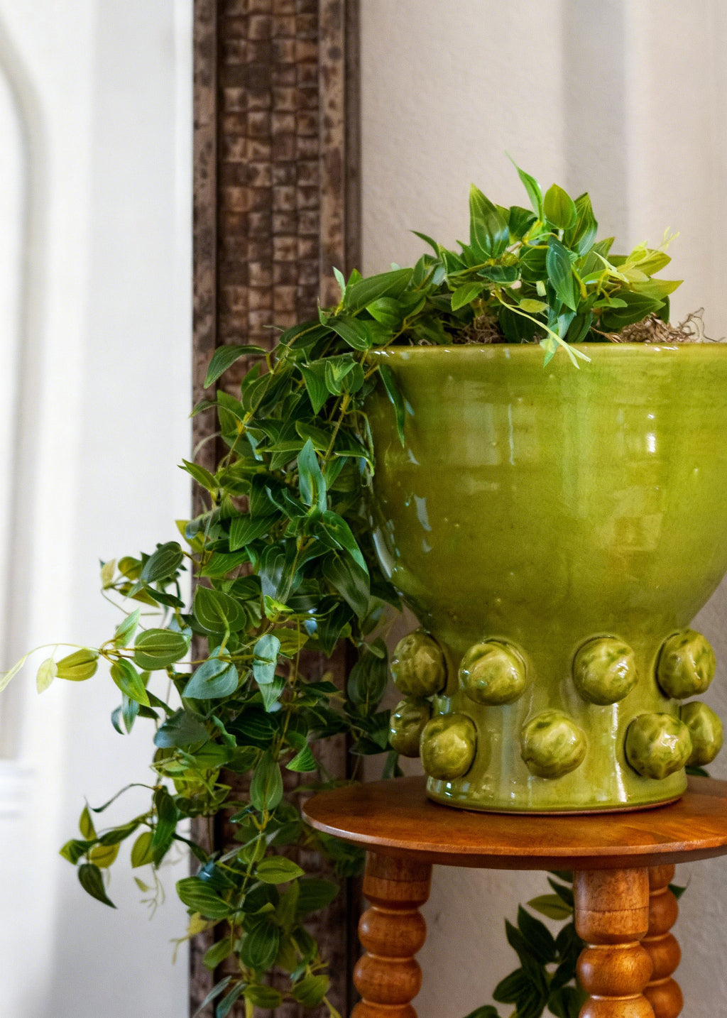 Hanging Tradescantia in a Green Hobnail Pot