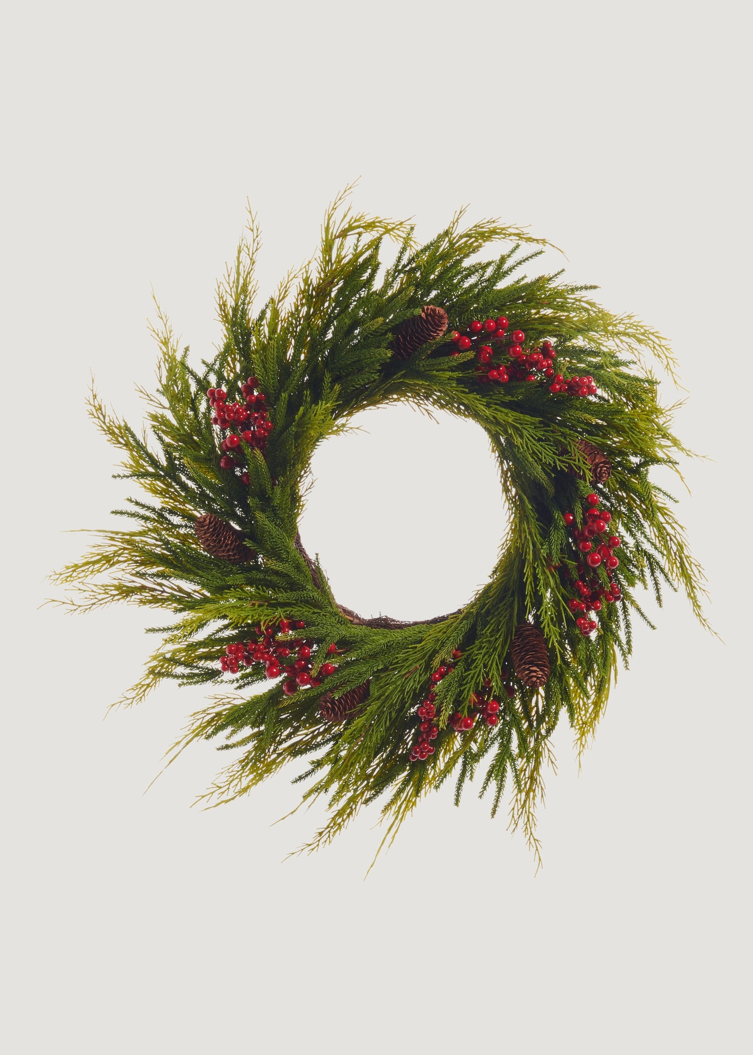Fake Cedar Wreath with Red Berries and Pine Cones