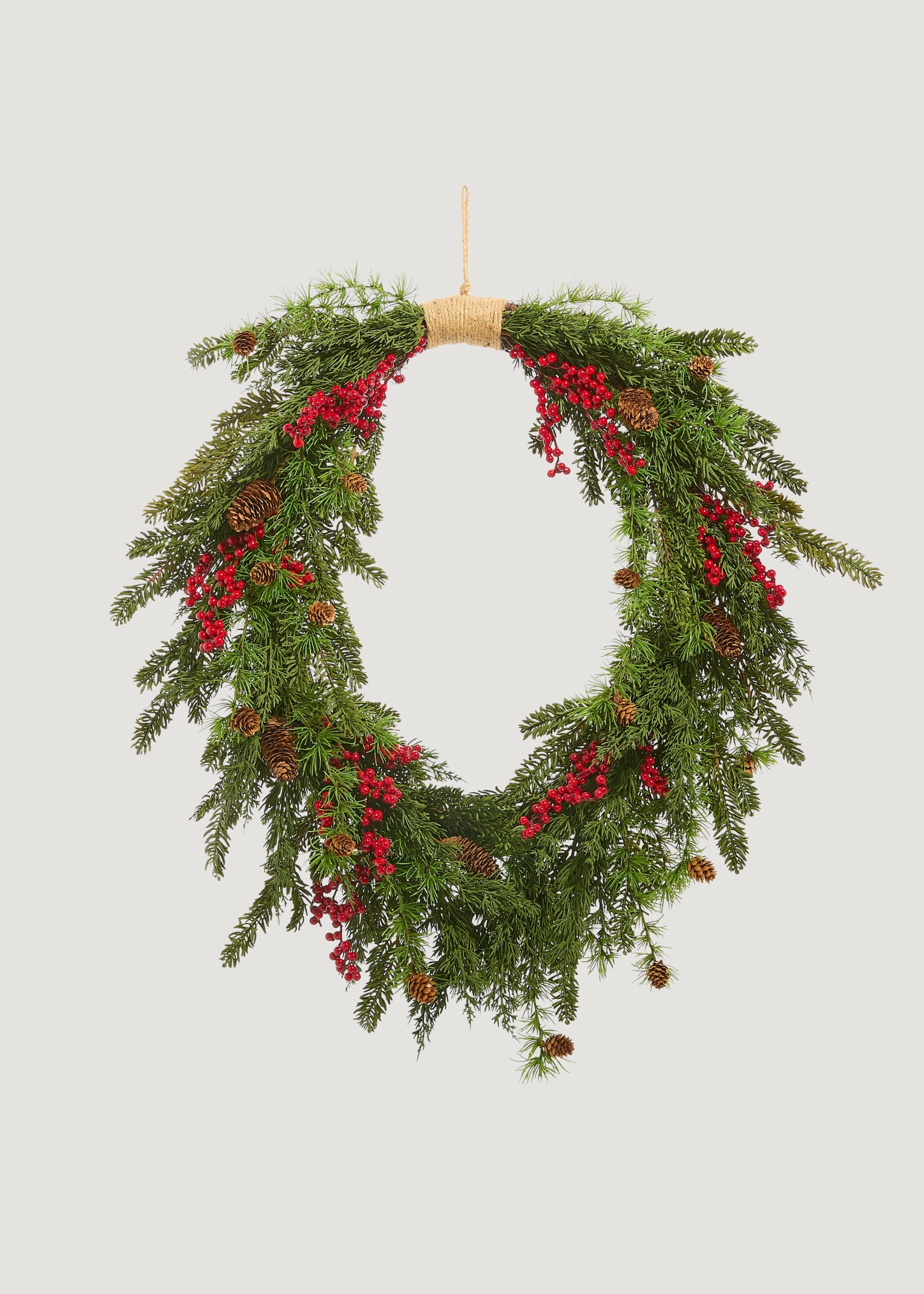 Faux Cedar and Red Berry Wreath with Pinecones 
