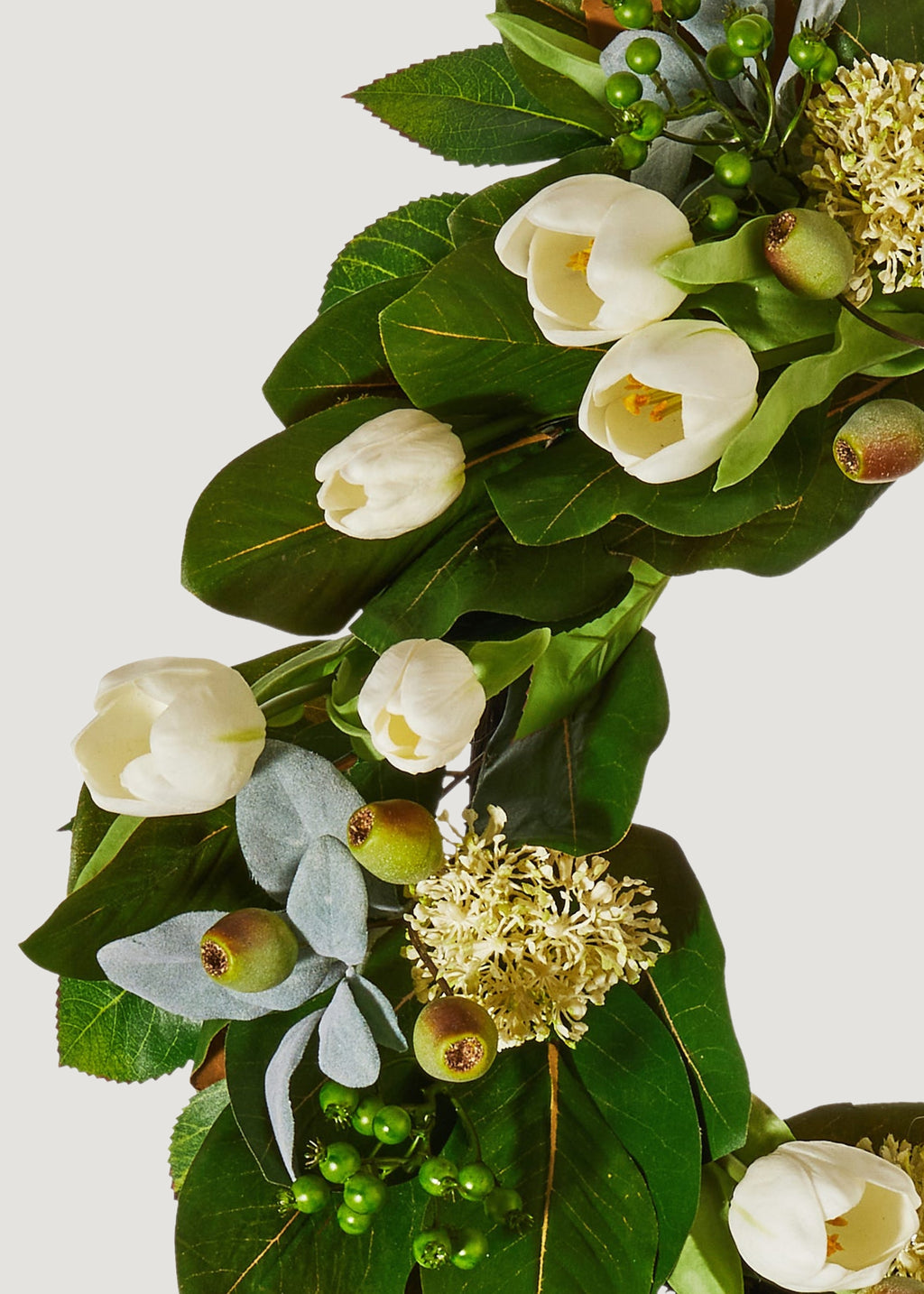 Close-up of Cream Fake Tulips and Greenery Wreath
