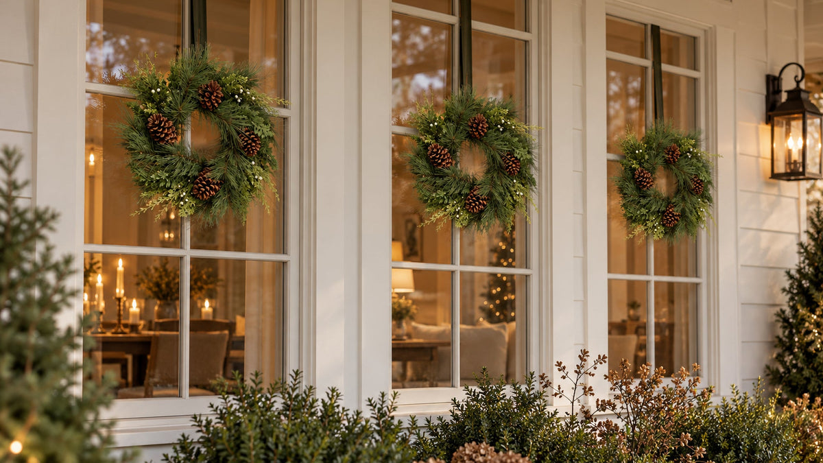 Three green Christmas wreaths with red berries hang on the windows of a white house exterior, with warm lights glowing inside and shrubs in the foreground.