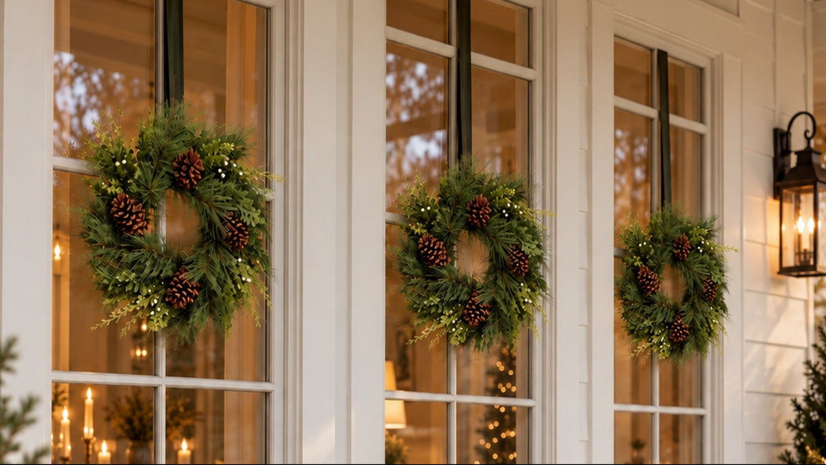 holiday wreaths on windows 