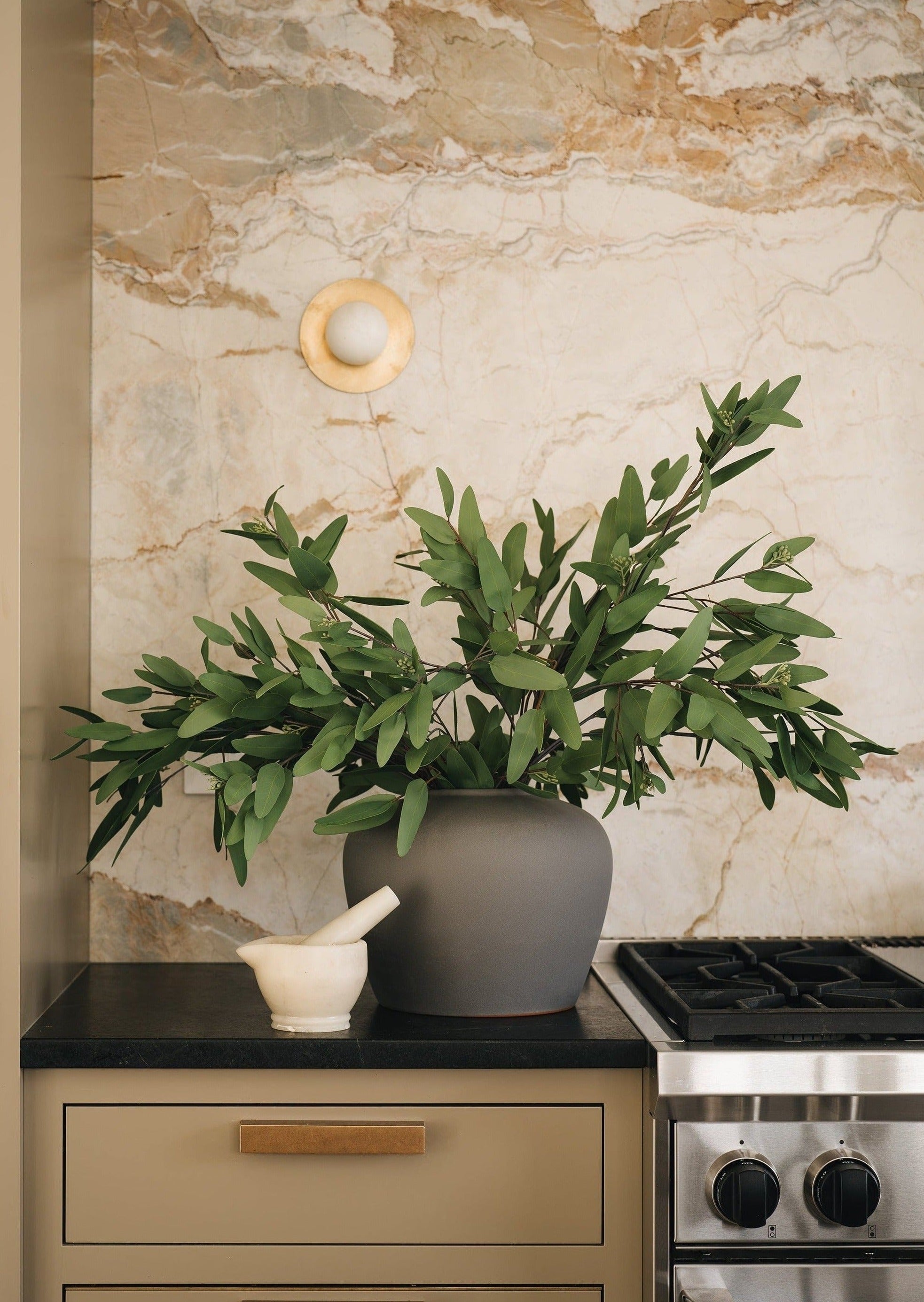 Faux Eucalyptus Branches in Large afloral Slate Vase