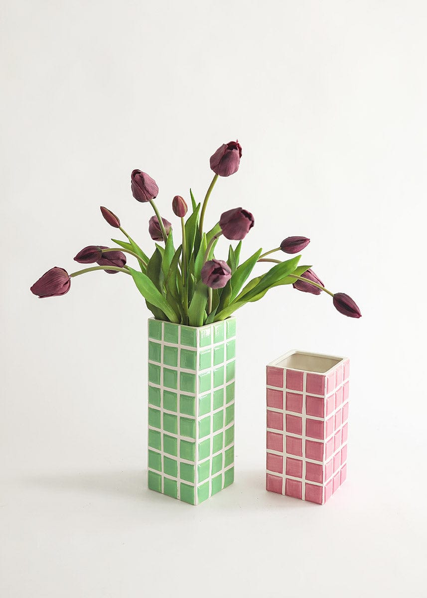 Green and Pink Tile Vases Styled with Real Touch Purple Tulips