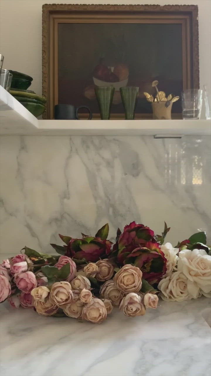 Burgundy and Pink Fake Flower Arrangement Video in Gold Compote