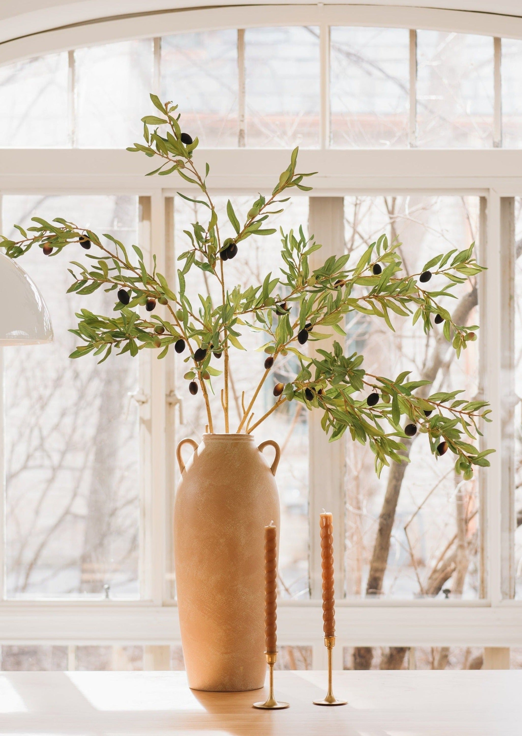 Afloral Tall Terra Cotta Vase with Handles Styled with Faux Olive Branches