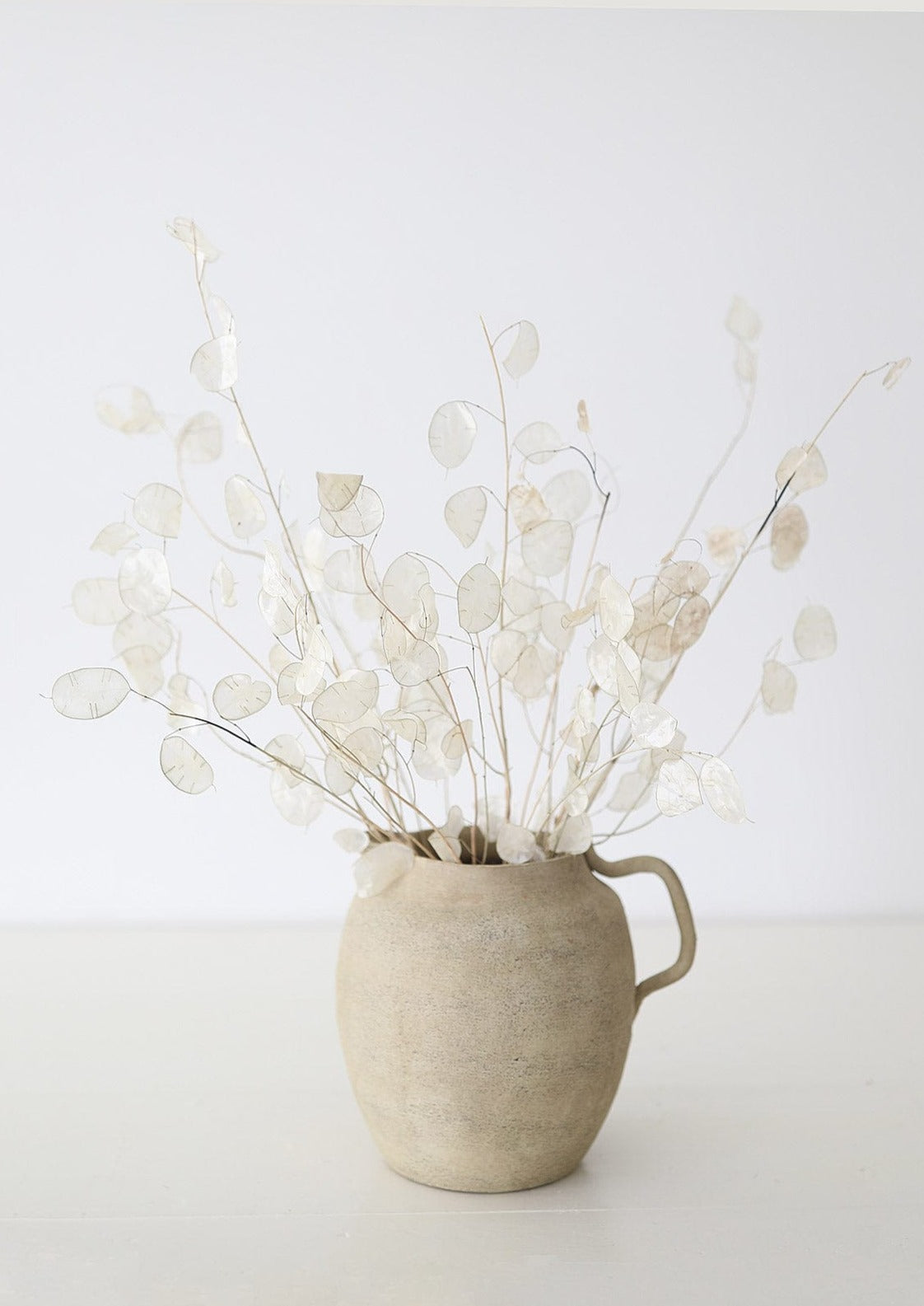 Dried Lunaria Branches Styled in Brown Pitcher Vase