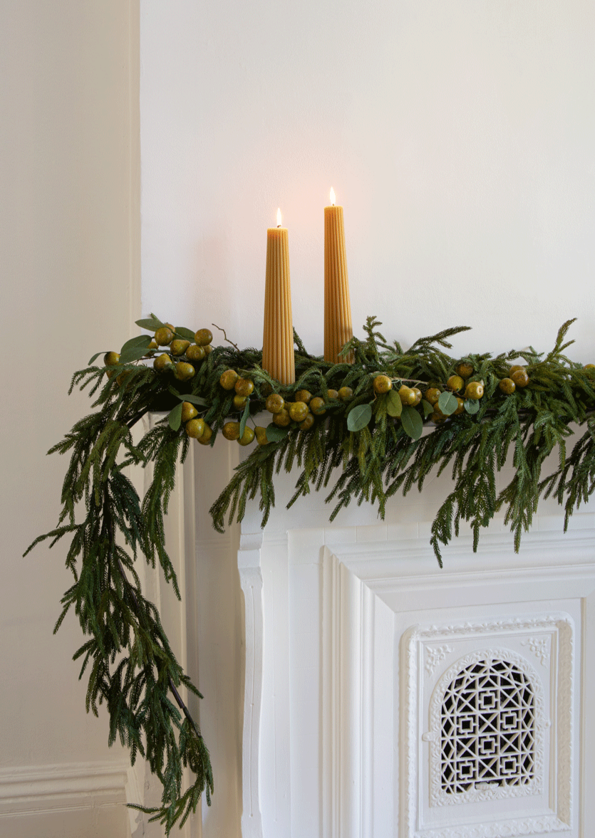 Fake Pear Branch Styled with Norfolk Garland on Christmas Mantel