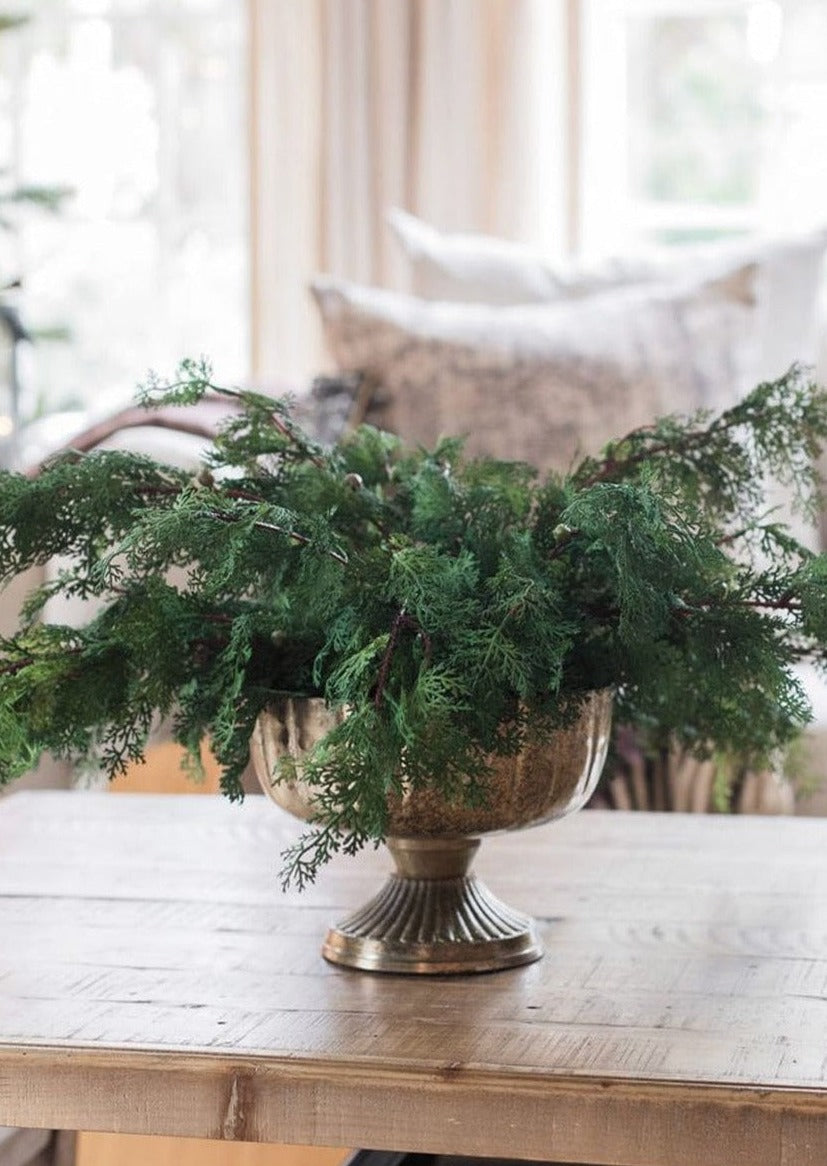 Afloral Gold Compote Styled with Faux Winter Greenery