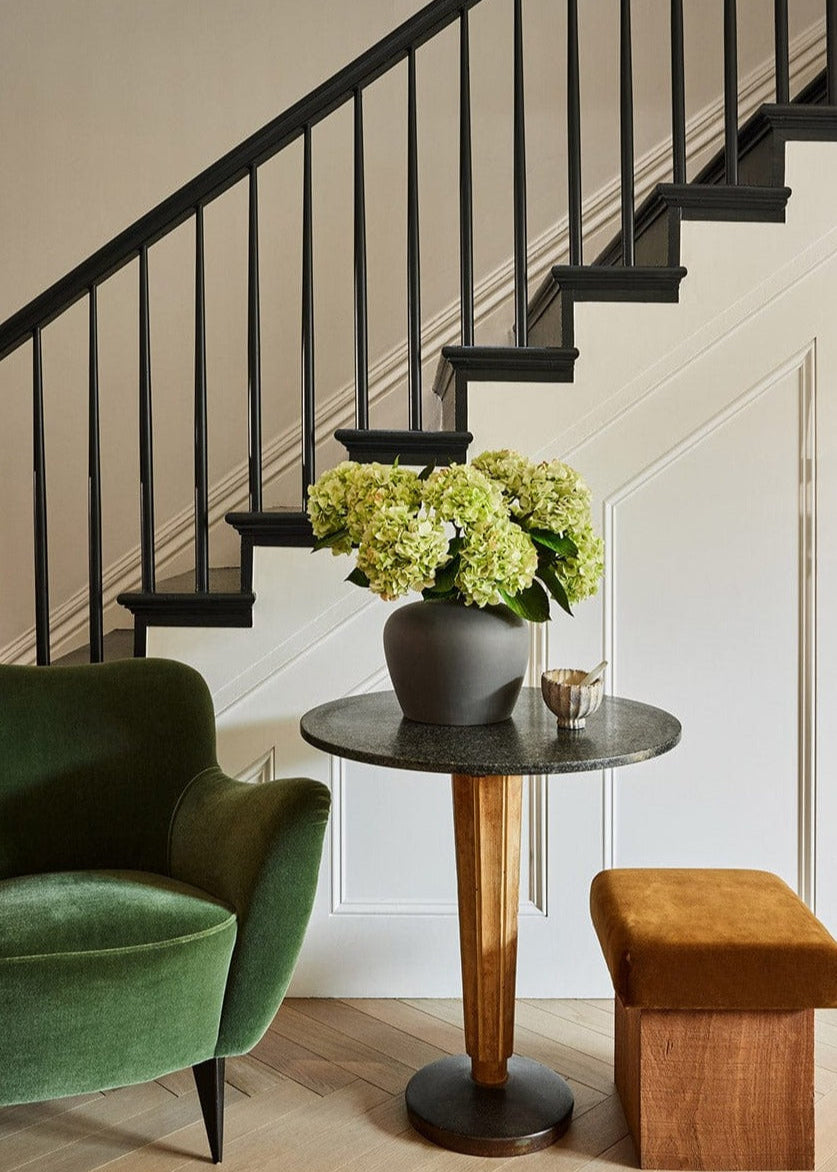 Green Fake Hydrangeas in Black Vase at afloral