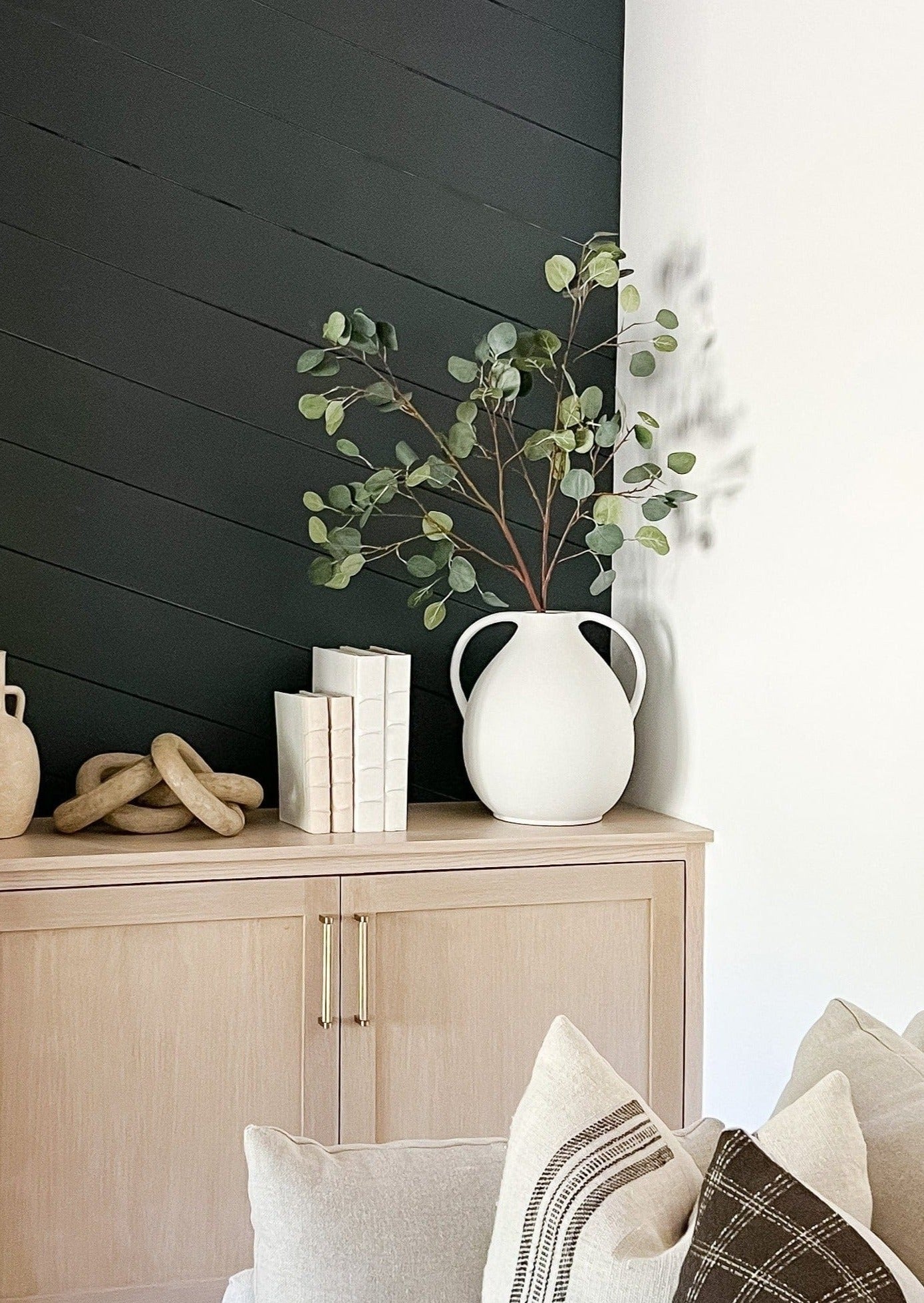 Home Styling Faux Eucalyptus Branches in White Jug Vase at Afloral