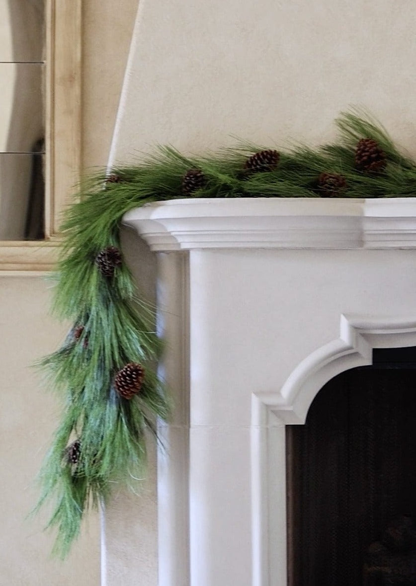 Long Needle Pine Garland with Pinecones Mantel Styling at afloral
