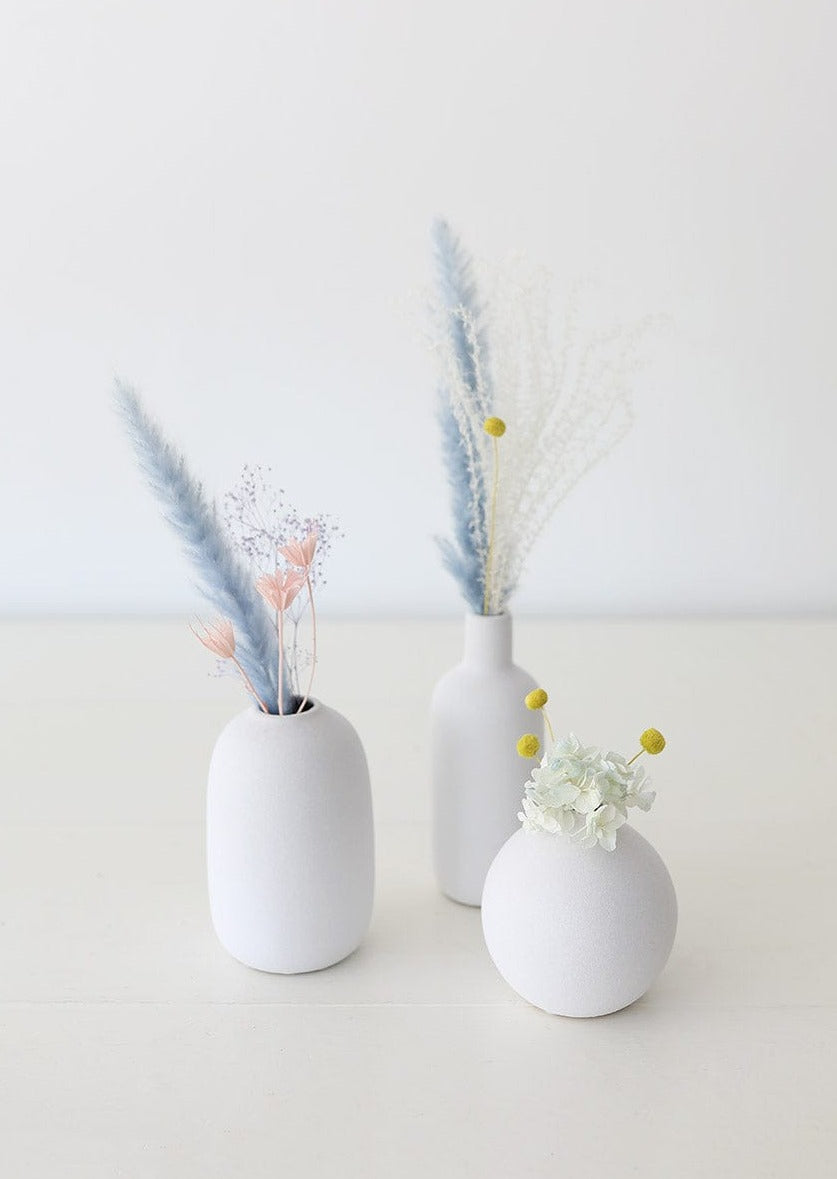 Petite Bundle of Pastel Dried Florals in White Bud Vases