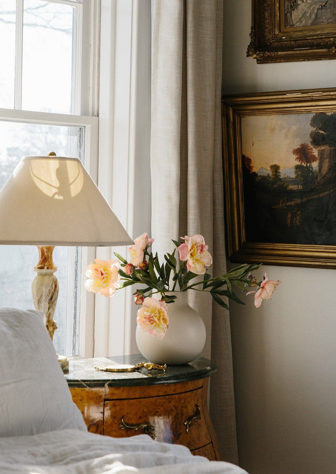 Bedroom Decor with Artificial Pink Peonies in Afloral Cream Vase