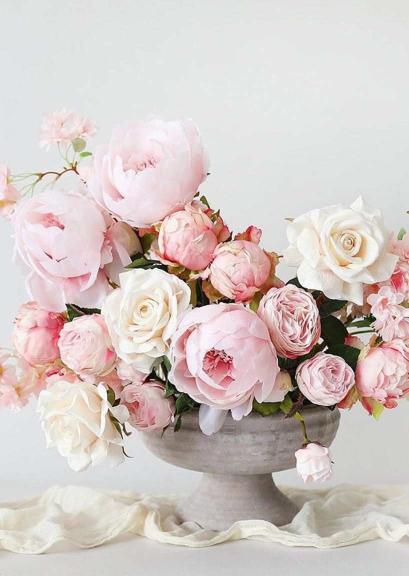 Pink Peonies and Roses in Compote Bowl