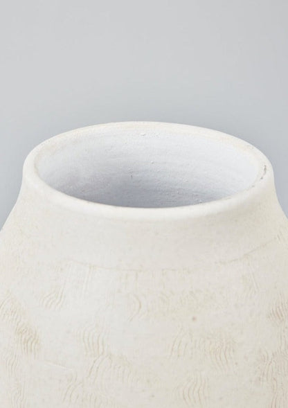 Close Up Top View of Tall Ceramic Vase in Cream