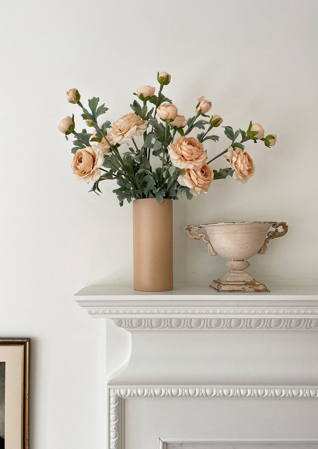 Mantle Styling with Tan Faux Ranunculus Flowers