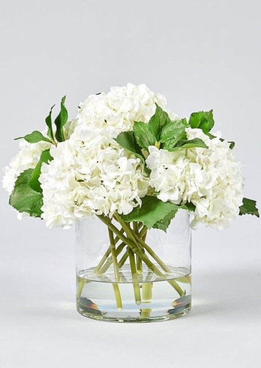 White Hydrangea in Glass Vase Faux Flower Arrangements