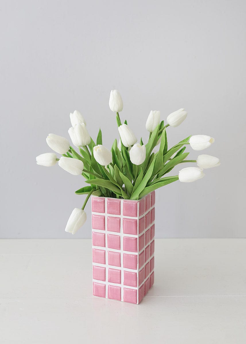 Pink Tile Vase Styled with Real Touch White Tulips