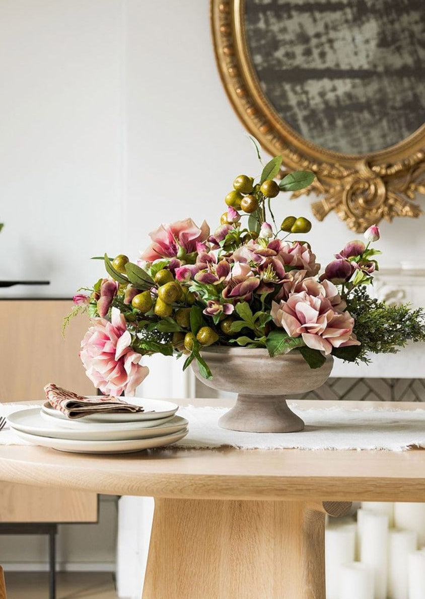 Earthy Mauve Compote Styled with Faux Pears and Flowers