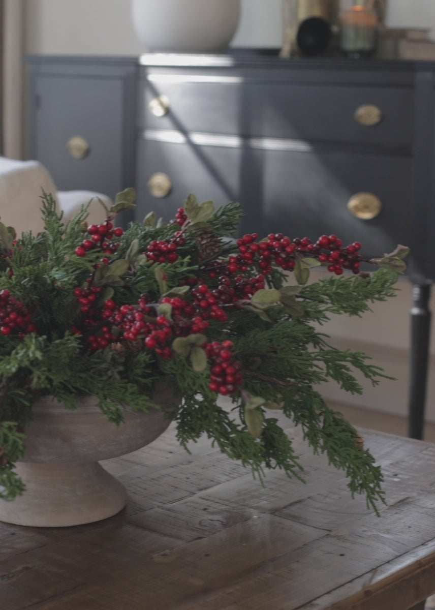 Afloral Compote Bowl Styled with Winter Pine and Red Berries