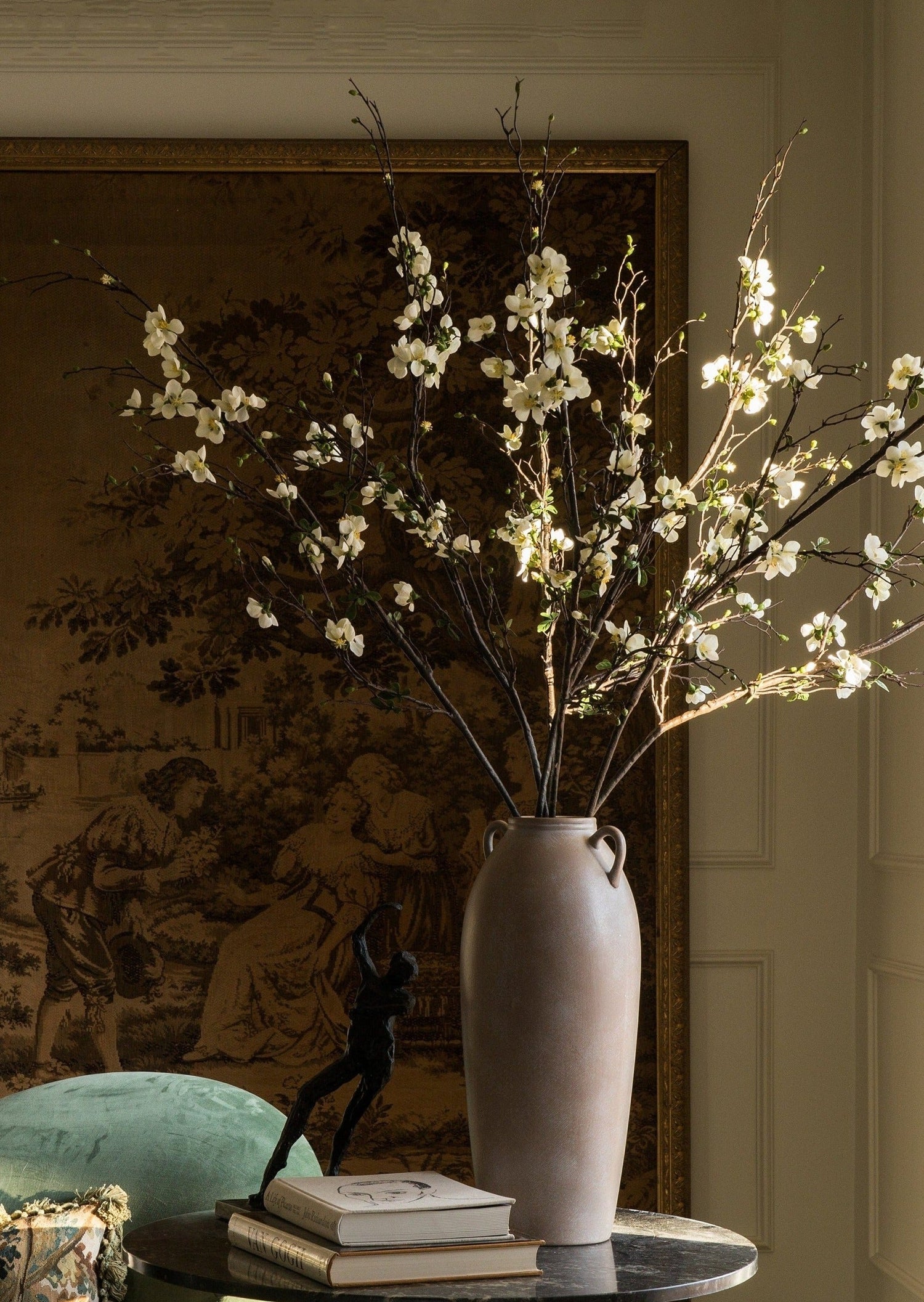 Cream Faux Blossom Branches Styled in Tall Terra Cotta Handled Vase at afloral