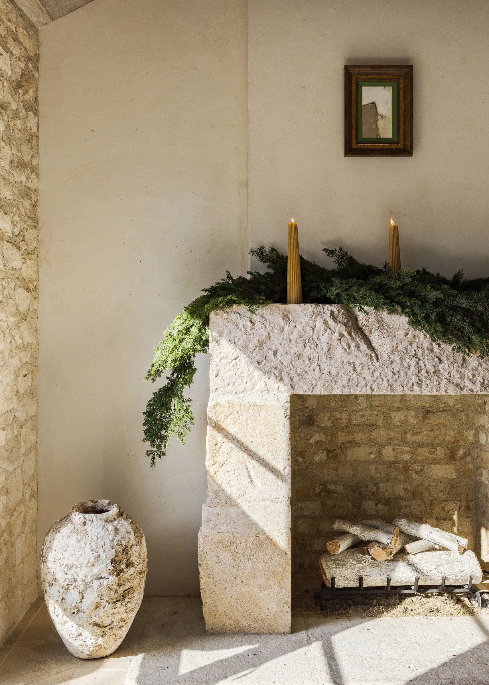 Afloral Mantle Centerpiece with Fluted Pillar Candles