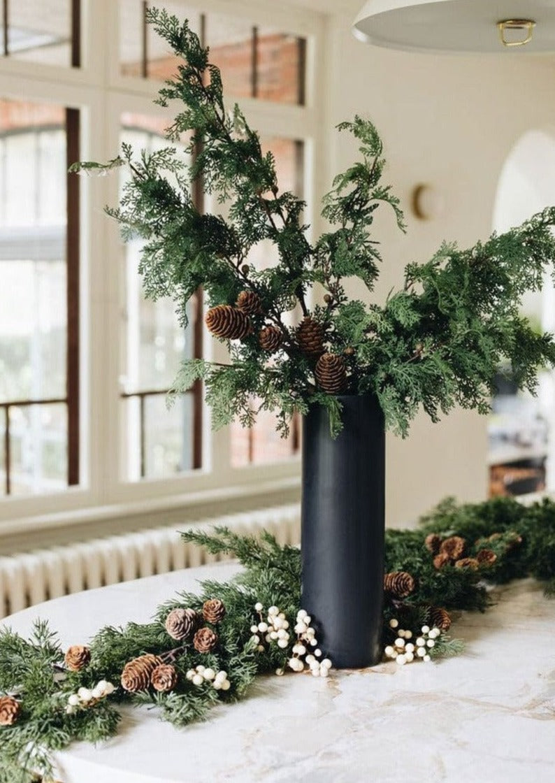 Faux Cedar Winter Greens in Black Vase