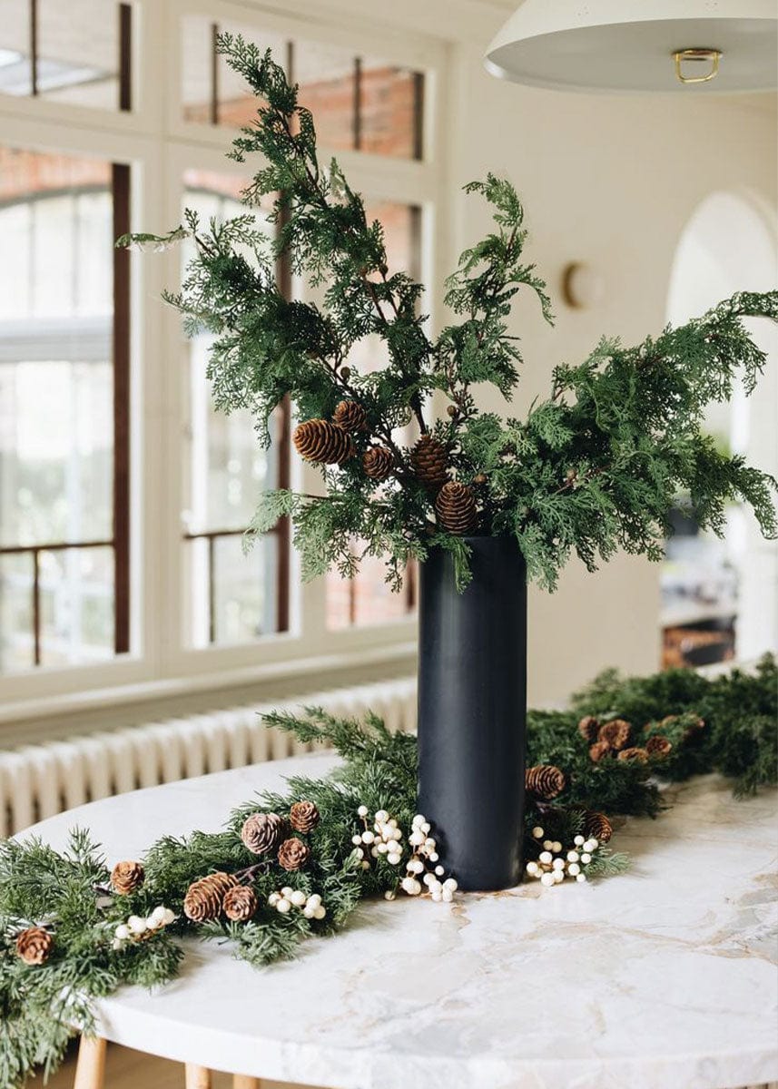 Afloral Faux Cedar Branch and Pine Cones Styled in Vase