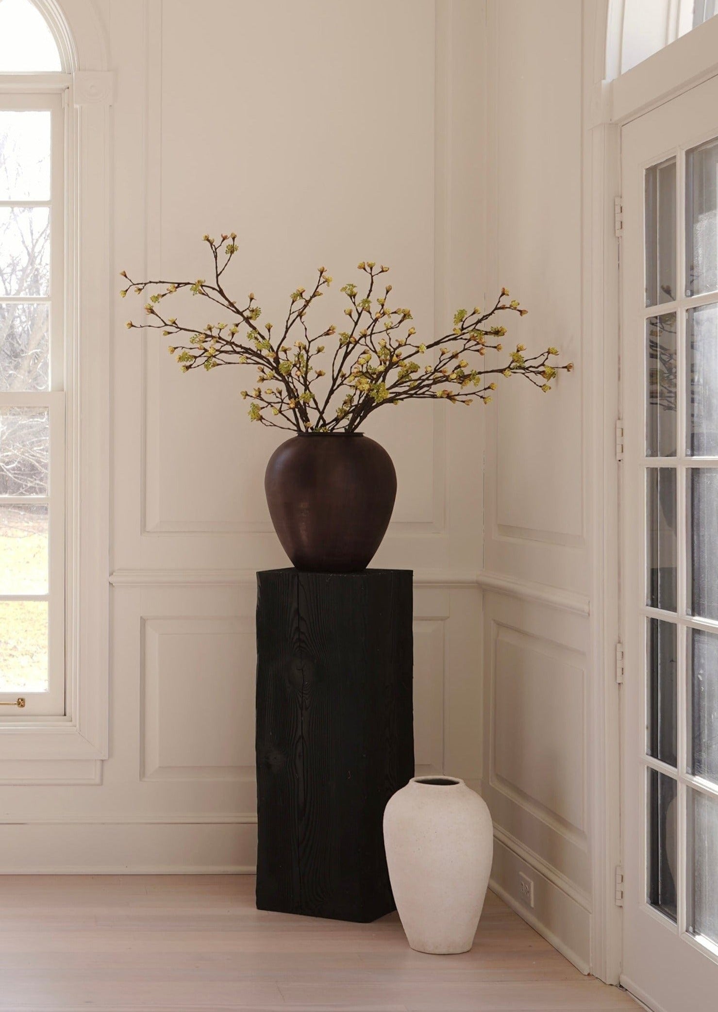 Artificial Budding Branches Styled in Large Brass Vase