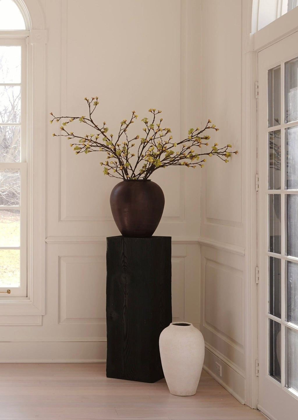 Artificial Budding Branches Styled in Large Brass Vase for Interior Design