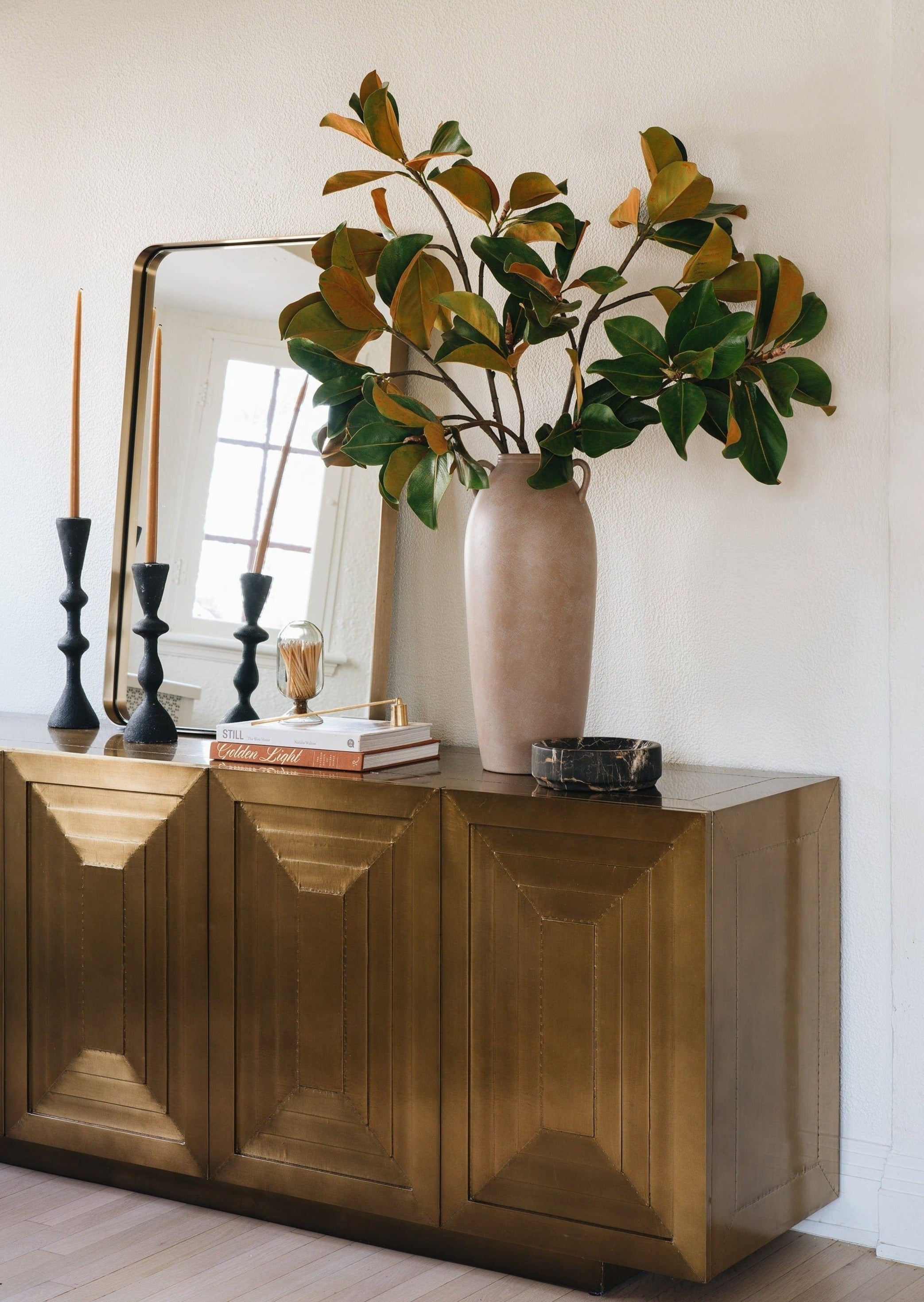 Faux Magnolia Branches in Tall Terracotta Vase