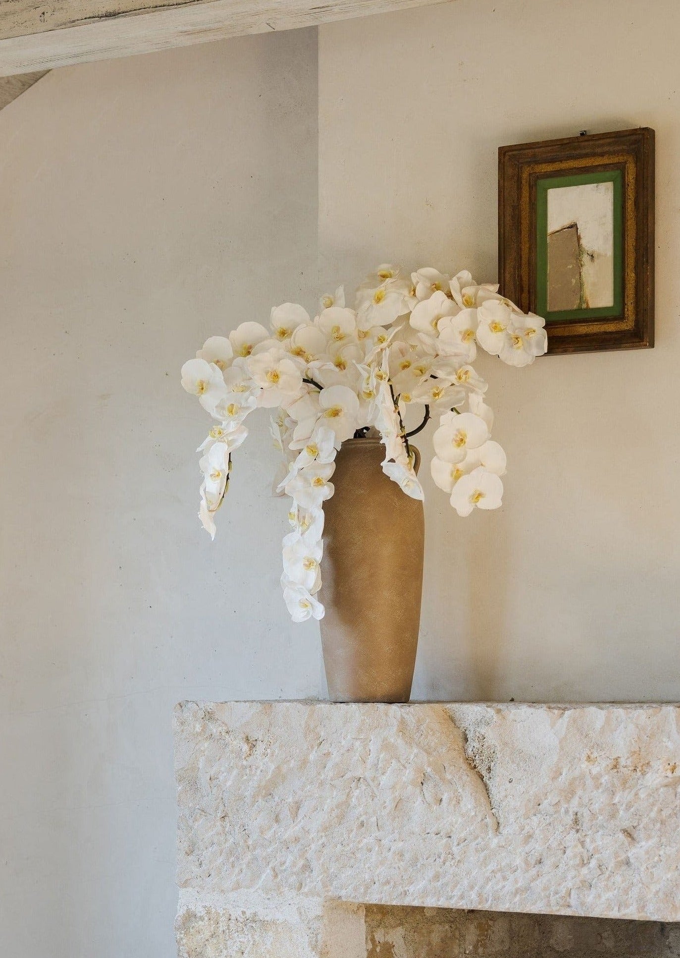 Tall Terracotta Vase with White Artificial Orchids