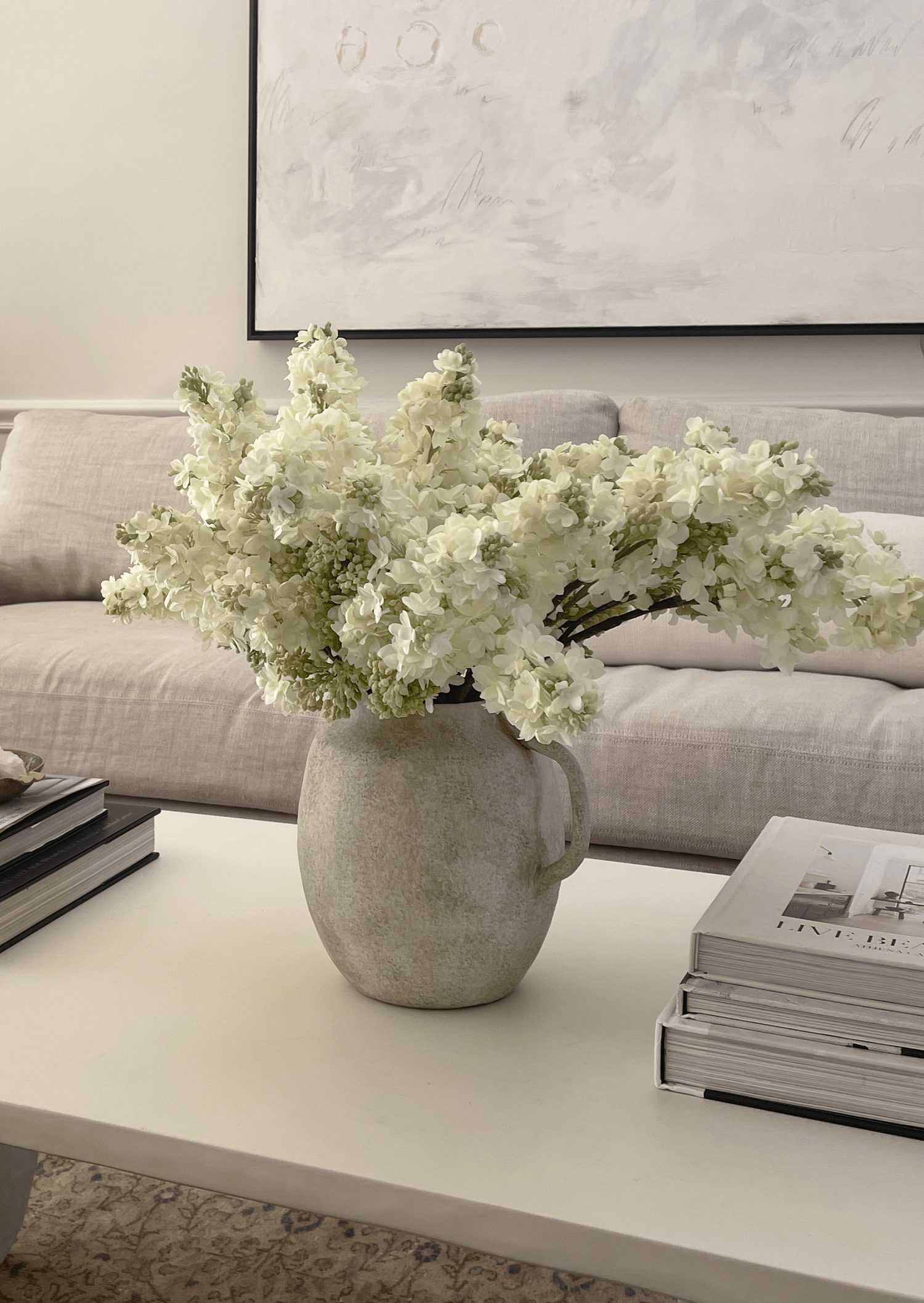 Afloral Spring Home Styling with Cream Faux Lilacs in Ceramic Pitcher