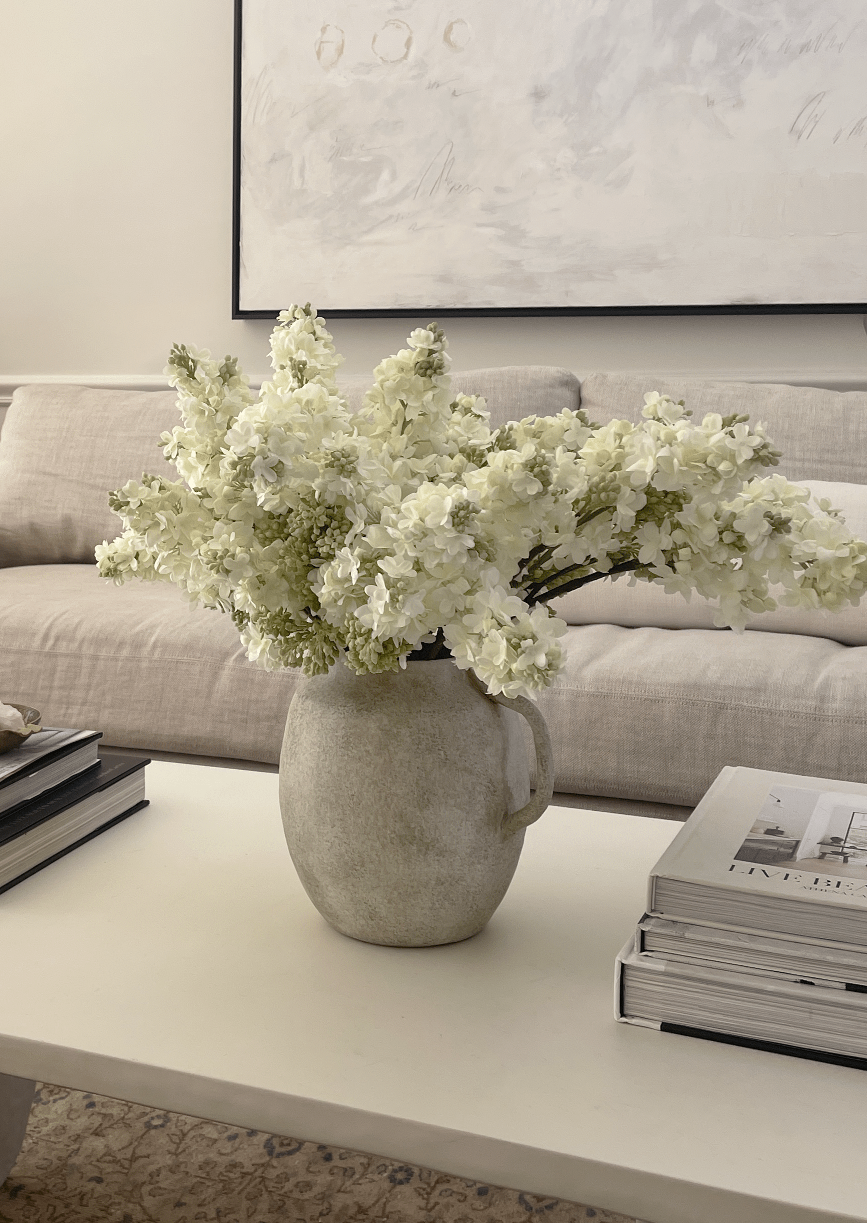 Spring Home Styling with Cream Faux Lilacs in Ceramic Pitcher